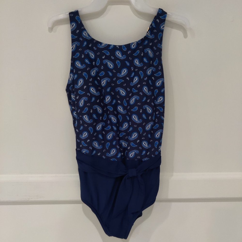 Lands End Womens High Neck Tummy Control Belted One Piece Size 16 Tall $75 JK730